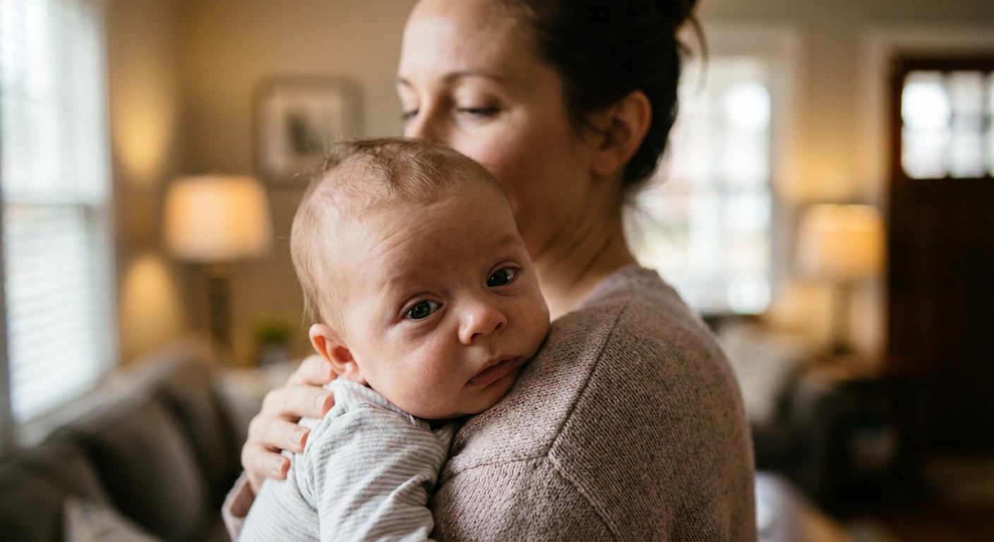 A baby fighting sleep held in his mothers arms