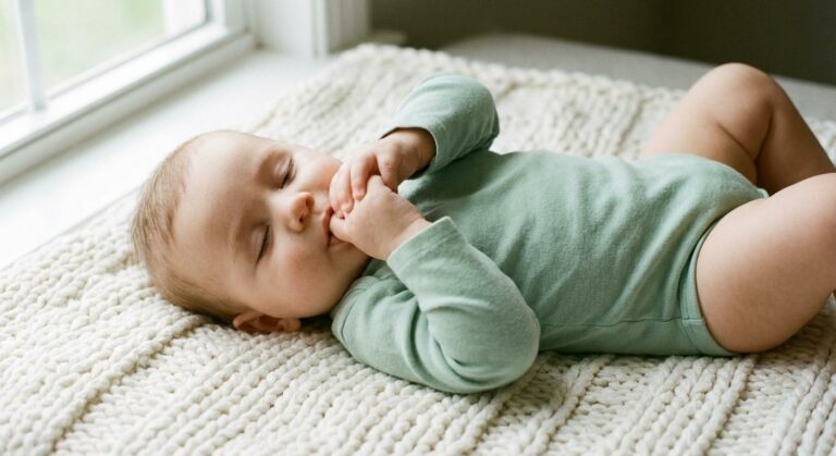 Gros plan sur un bébé apaisé qui suce sa main ou doigt dans la bouche sur une couverture