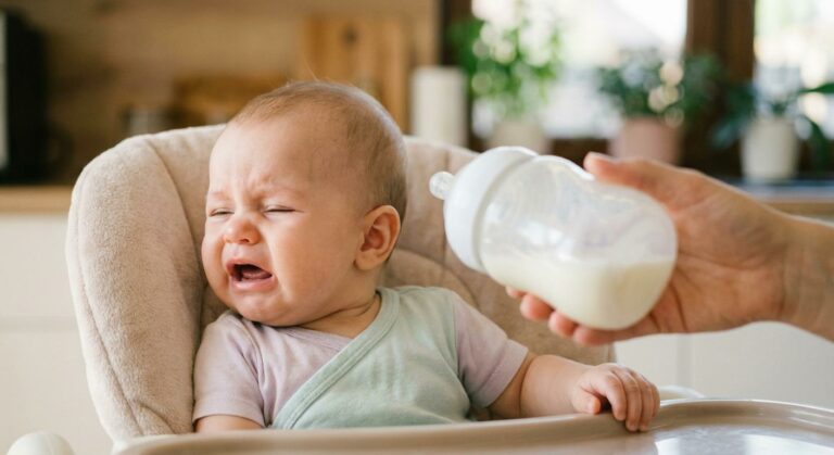 A baby in a high chair pushes away the milk and cries illustrating the situation where baby refuses the bottle and screams.