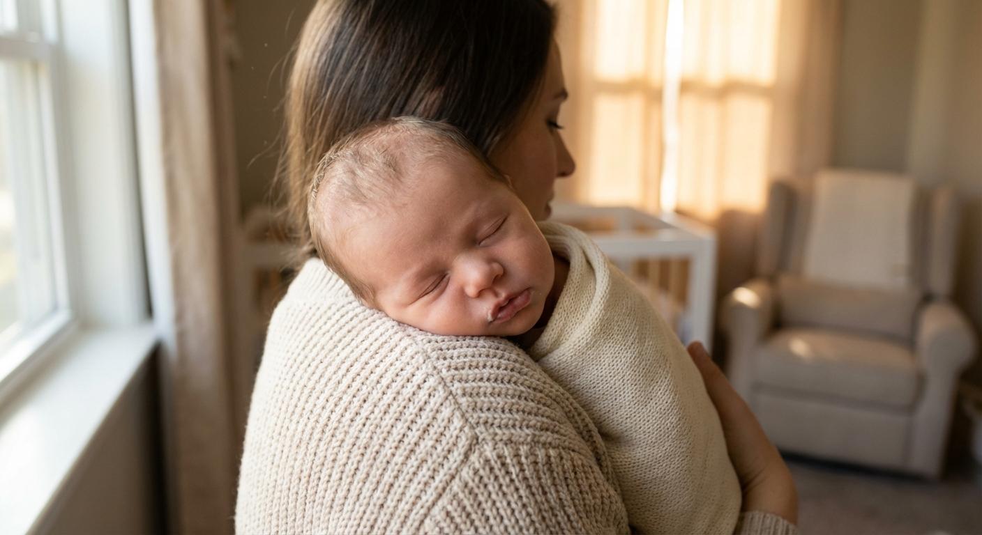 A calm newborn asleep against his mother after a difficult moment where baby refuses the bottle and screams.