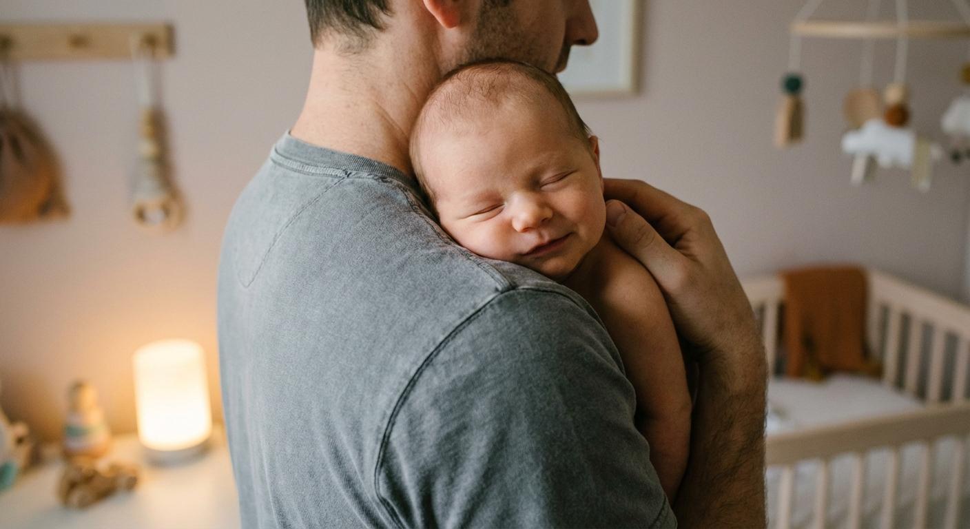 Un bébé rgo au sommeil agité enfin apaisé dans les bras de son papa en position verticale