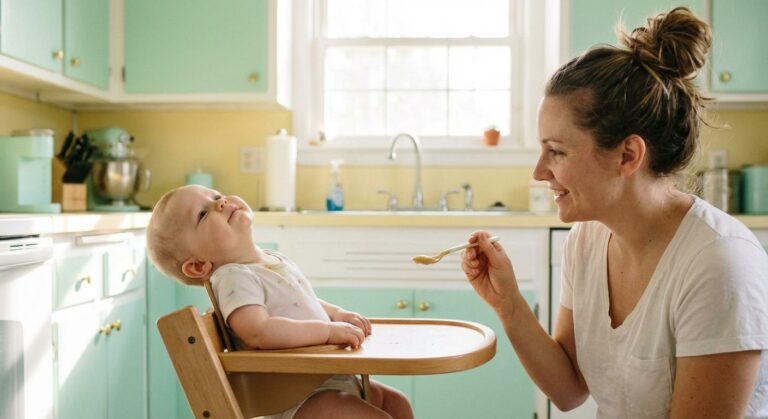 Baby throws himself backwards in his high chair while his mother watches patiently