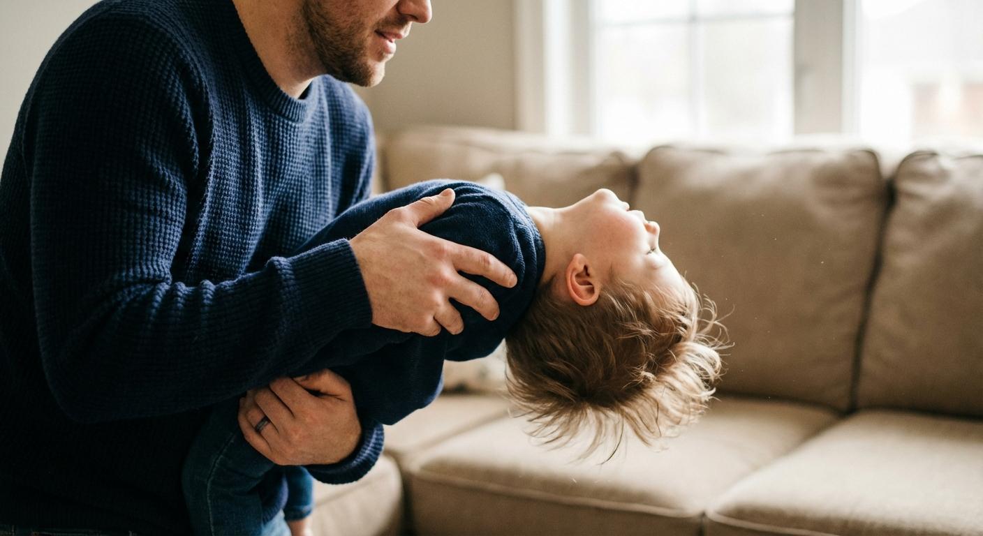 Un bébé se jette en arrière dans les bras de son père qui sécurise son dos