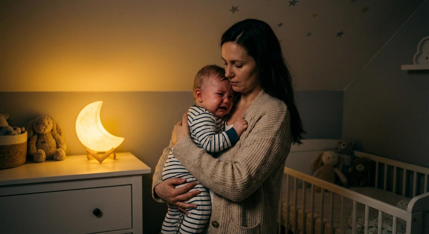 Mom cuddling her child because baby wakes up screaming at night due to a nightmare
