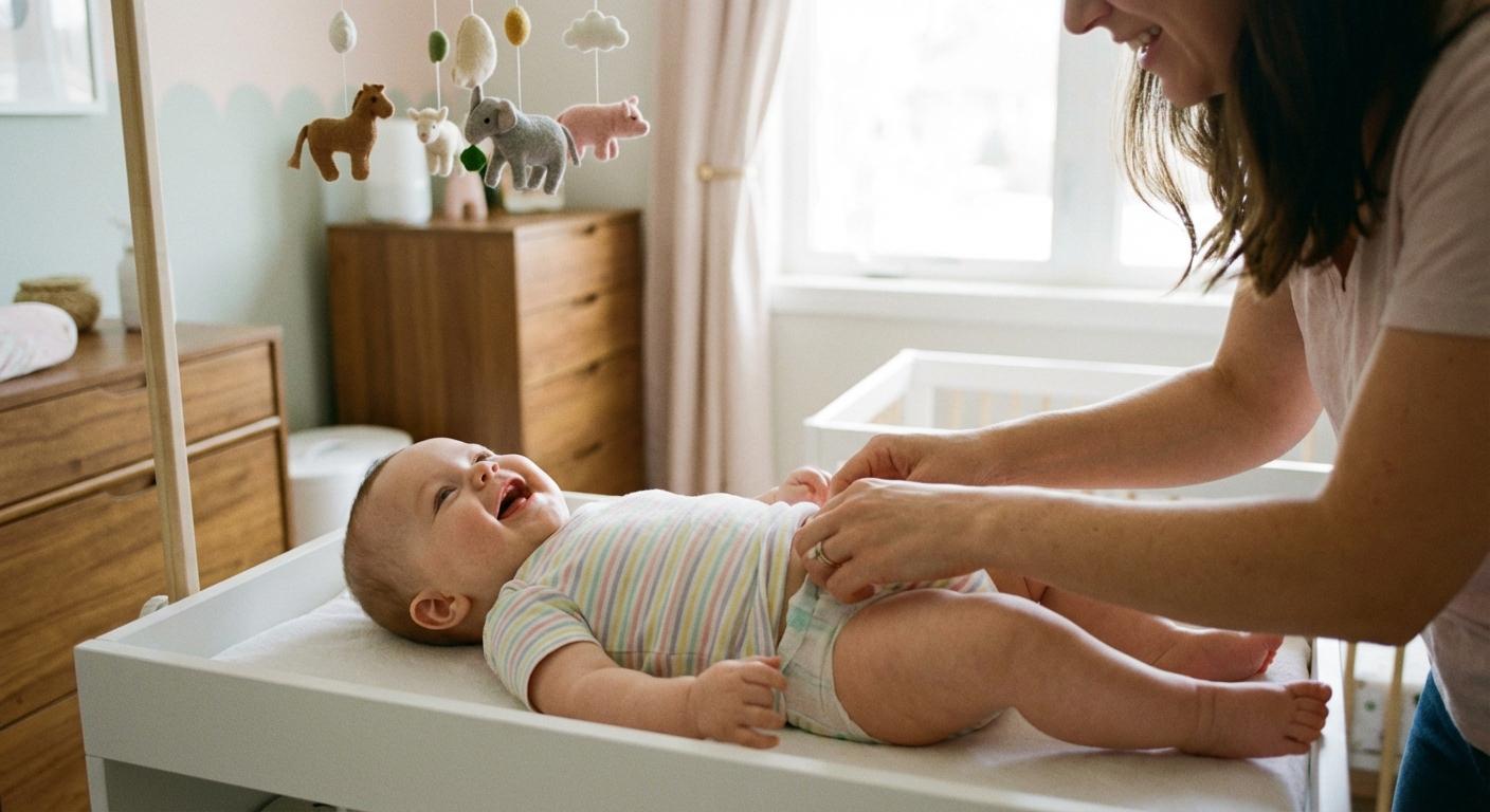Maman change la couche d'un bébé selles vertes sur la table à langer
