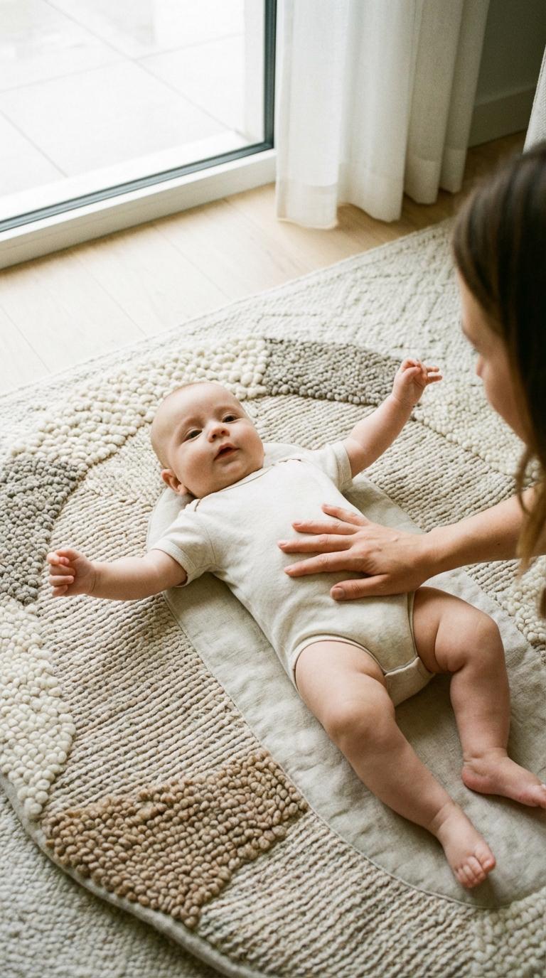 A baby lying on a play mat having a surprising reflex illustrating a baby nervous spasm soothed by a parent