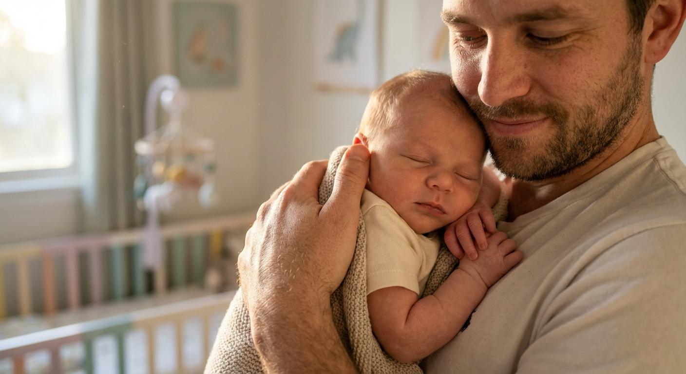 A father calmly holding his child in his arms to prevent a new episode of baby nervous spasm