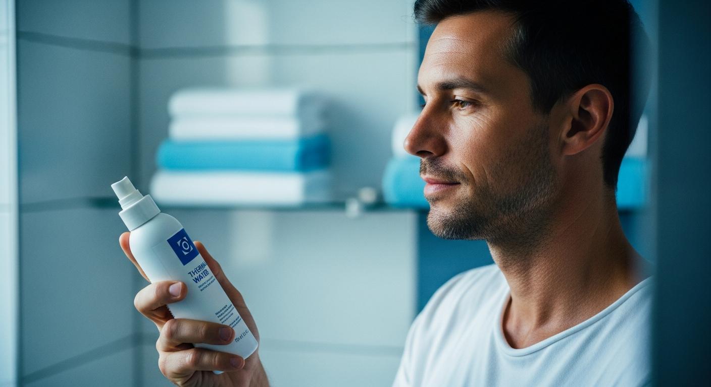 Papa choisit un brumisateur d'eau apaisante pour traiter les boutons de chaleur bébé dans la salle de bain