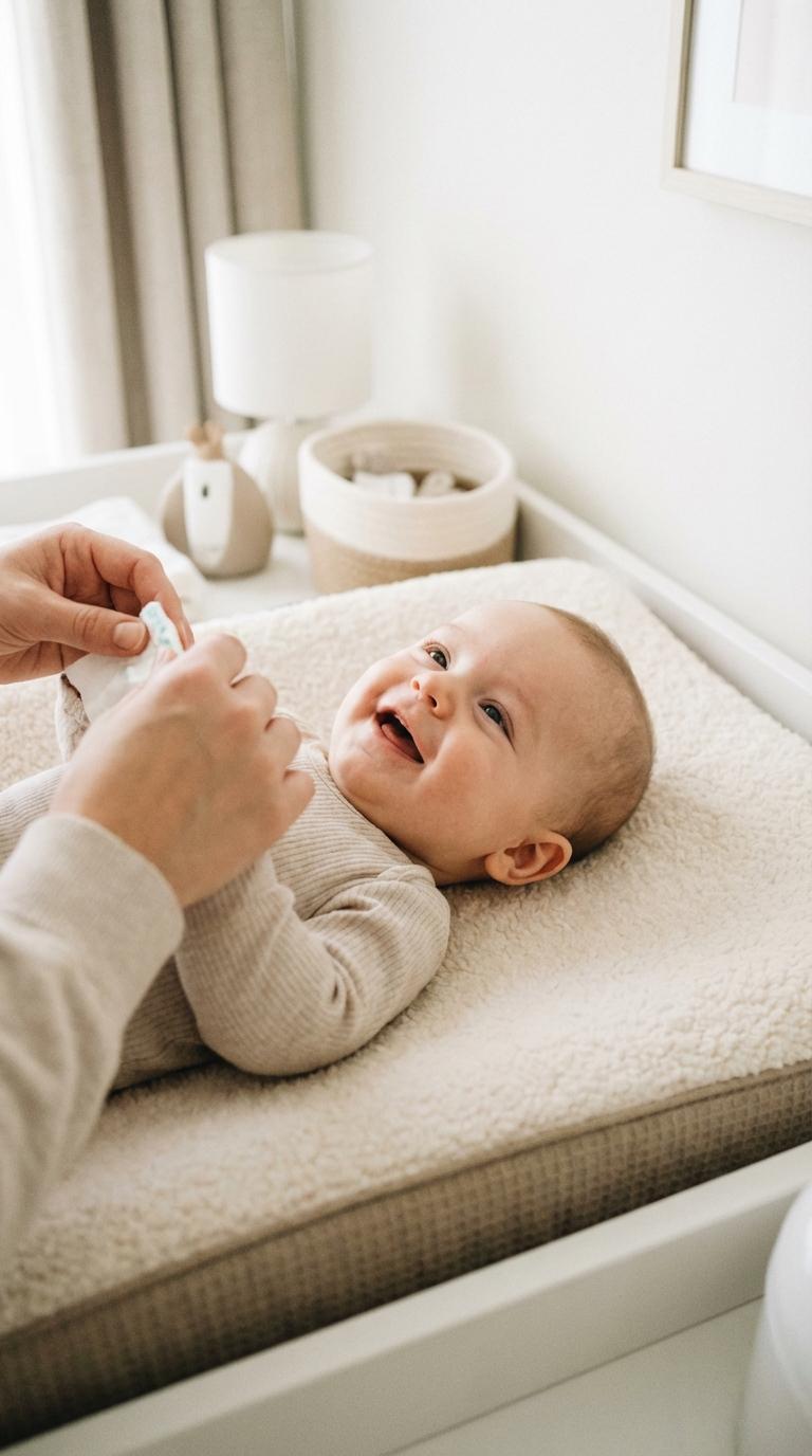 Un bébé souriant allongé sur une table à langer pendant le changement de couche