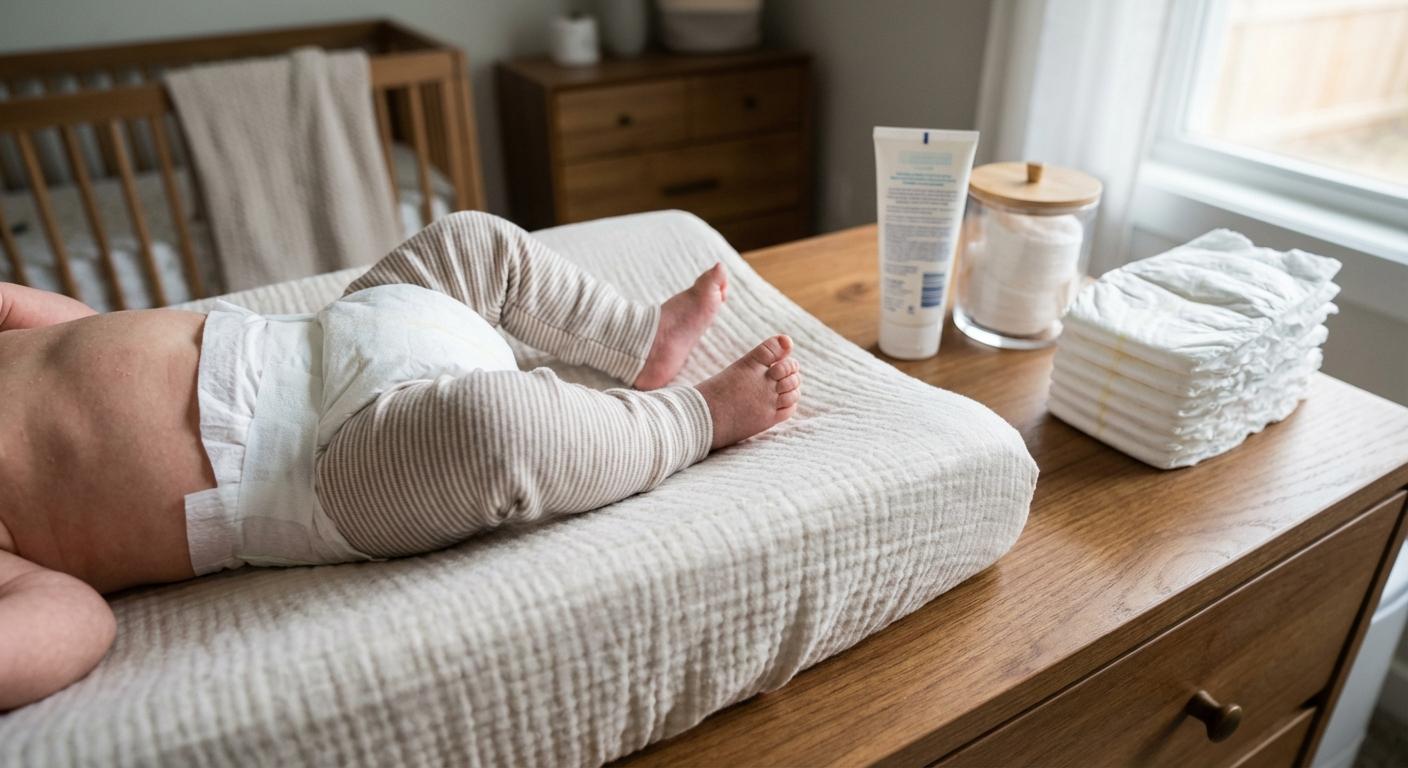 Gros plan sur un nouveau né et le matériel nécessaire pour le changement de couche