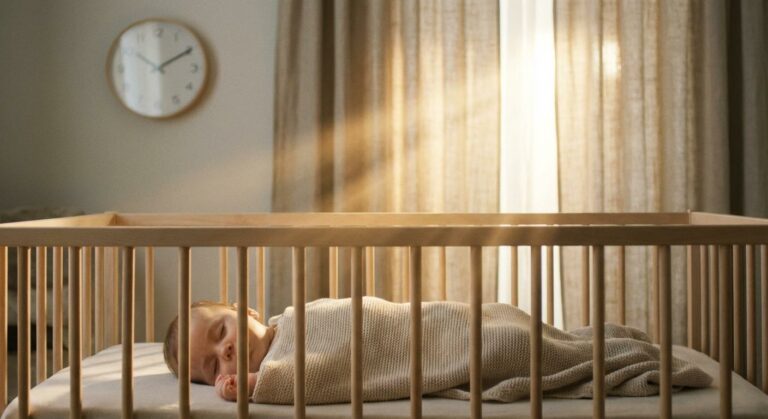 Baby sleeping peacefully in a bright room illustrating the theme of daylight saving time and baby sleep