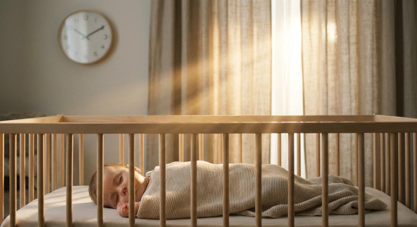 Baby sleeping peacefully in a bright room illustrating the theme of daylight saving time and baby sleep