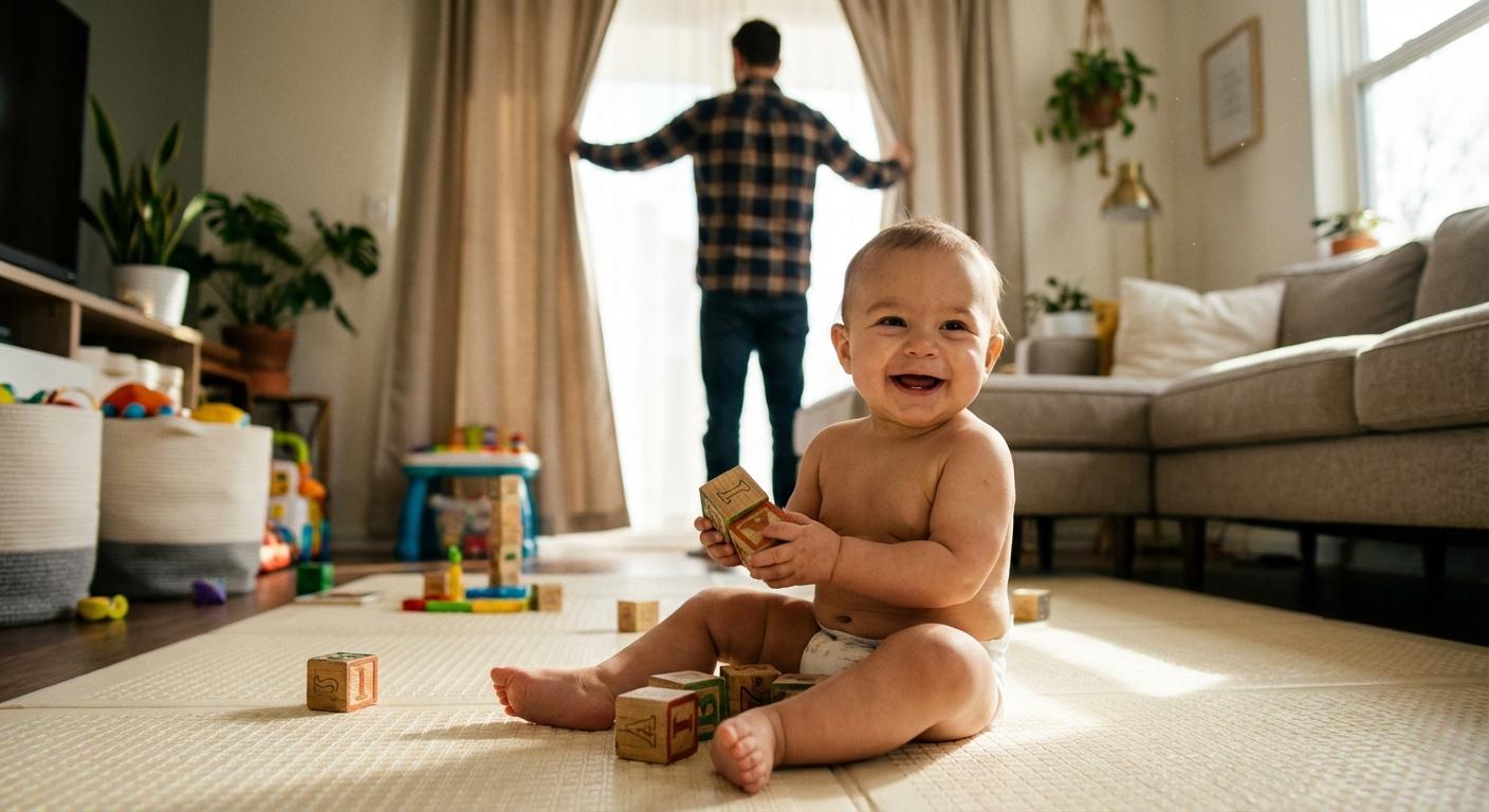 Baby playing on a rug in the morning while the parent opens the curtains to manage daylight saving time and baby sleep
