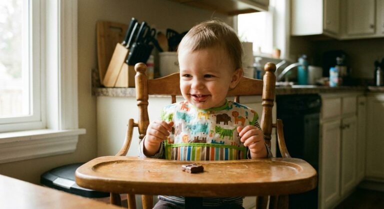 A curious baby sitting in a high chair looking at a piece of baby chocolate