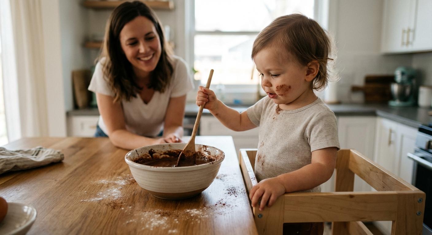A young child preparing a baby chocolate cake on the kitchen counter