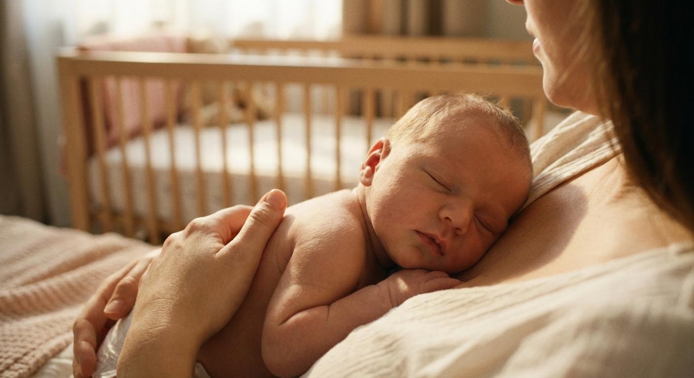 Newborn skin to skin with mother ready to receive colostrum after birth