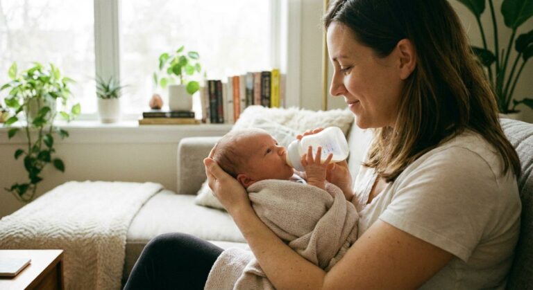 Mother holding her baby in her arms illustrating how to properly bottle feed an infant