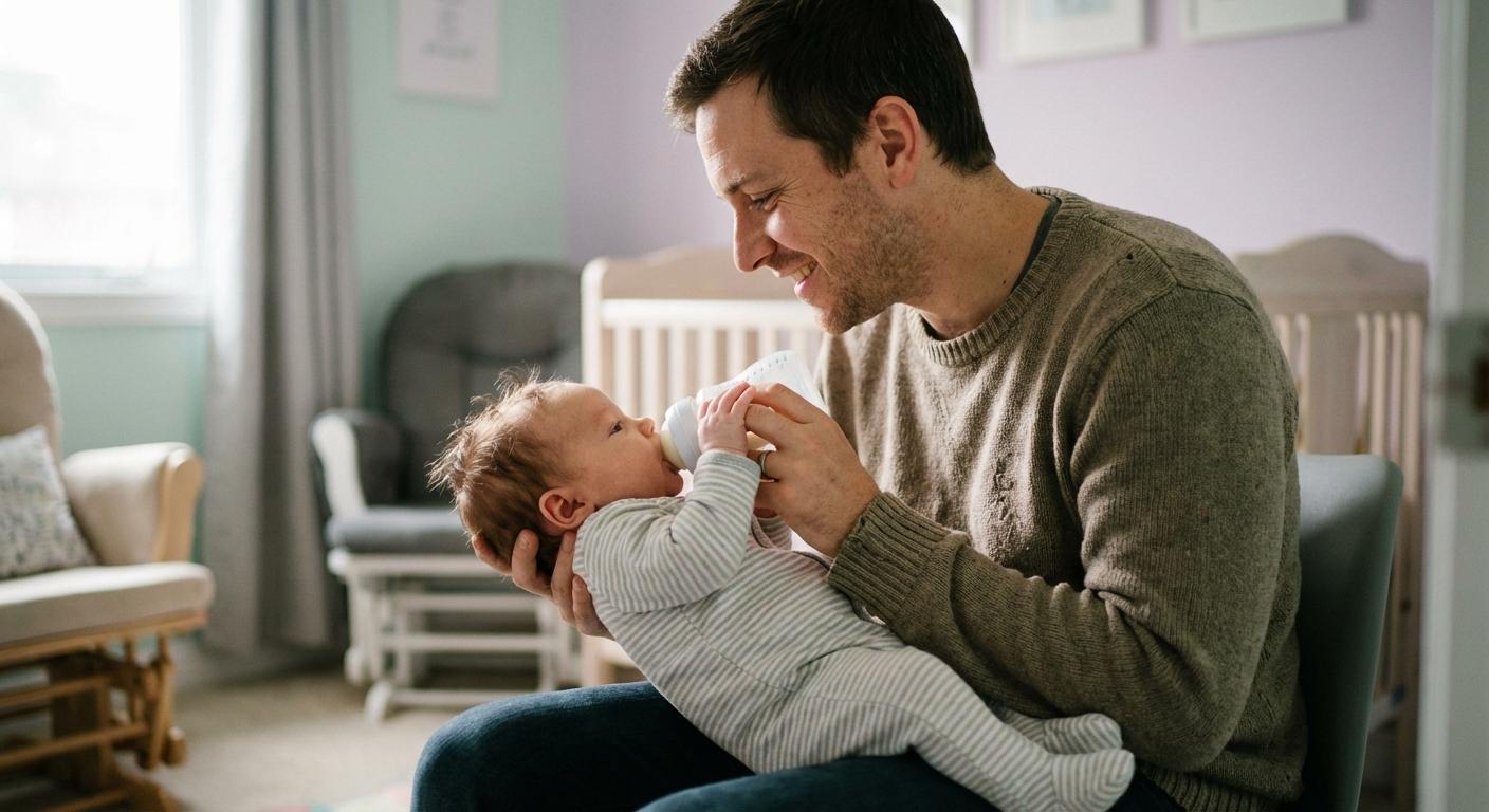Father feeding his child showing how to properly bottle feed an infant