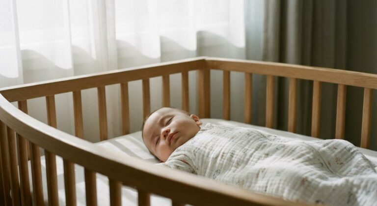 A baby sleeping peacefully in a crib bathed in natural light illustrating how to get baby to sleep during the day.