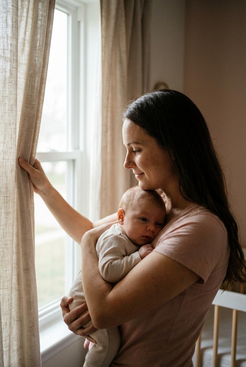 A mother rocking her child near a dimmed window showing how to get baby to sleep during the day calmly.