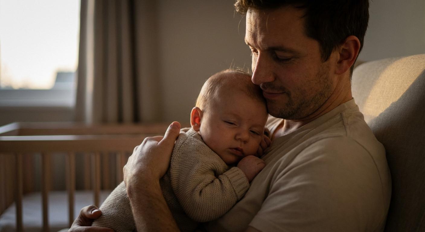 Un père berçant son enfant lors du rituel du coucher, montrant l'importance de la routine pour comprendre comment faire pour que bébé fasse ses nuits.