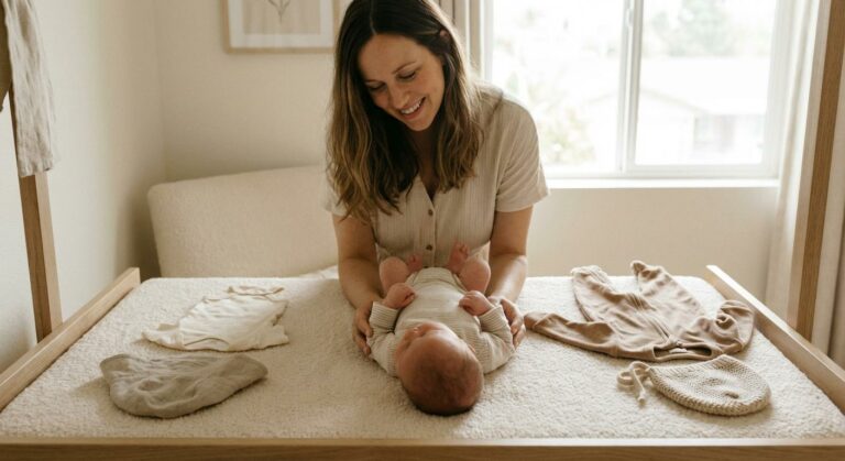 Un nouveau-né sur une table à langer avec des vêtements légers et chauds illustrant comment habiller un nouveau-né en été et en hiver.