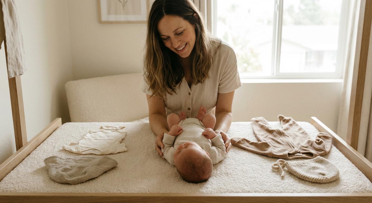 Un nouveau-né sur une table à langer avec des vêtements légers et chauds illustrant comment habiller un nouveau-né en été et en hiver.