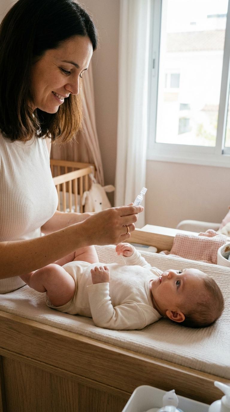 A smiling mom holds a saline pod above her child on the changing table illustrating how to clean a baby's nose