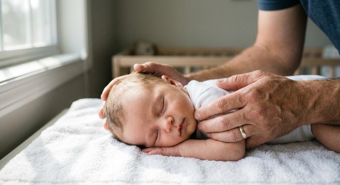 A calm baby lying on the side gently held by his father's hands to show how to clean a baby's nose