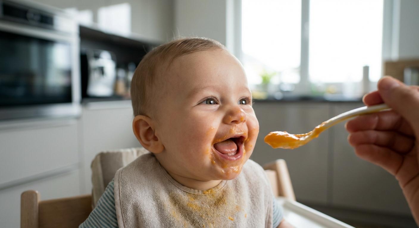Bébé souriant mangeant ses premières compotes pour bébé à la cuillère