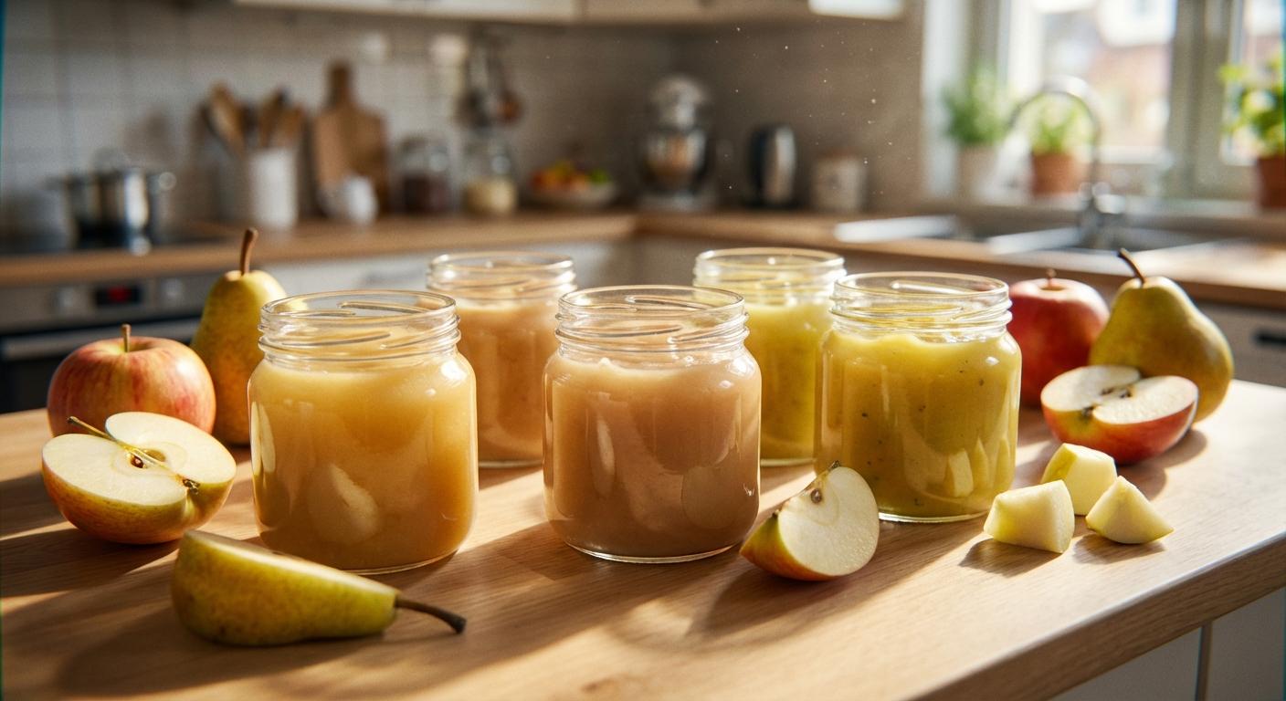 Assortiment de pots en verre contenant des compotes pour bébé et des fruits frais