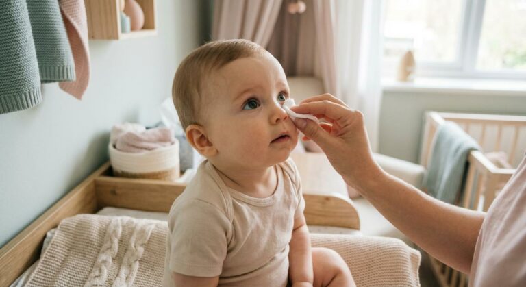 A calm baby having their eye cleaned with a cotton pad to relieve baby conjunctivitis