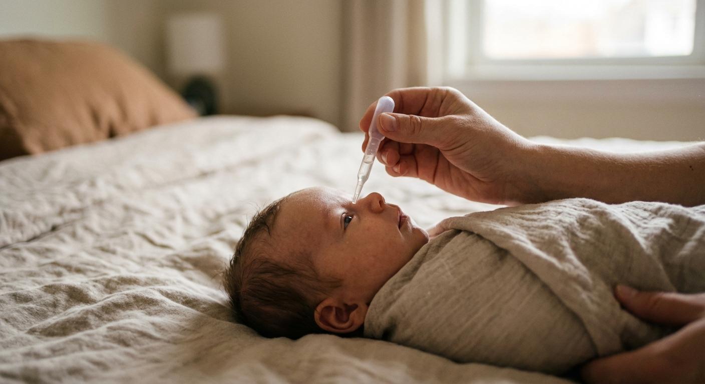 Application of physiological serum to treat baby conjunctivitis in an infant