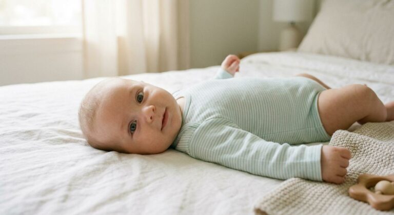 A relaxed breastfed baby lying on back showing no signs of breastfed baby constipation