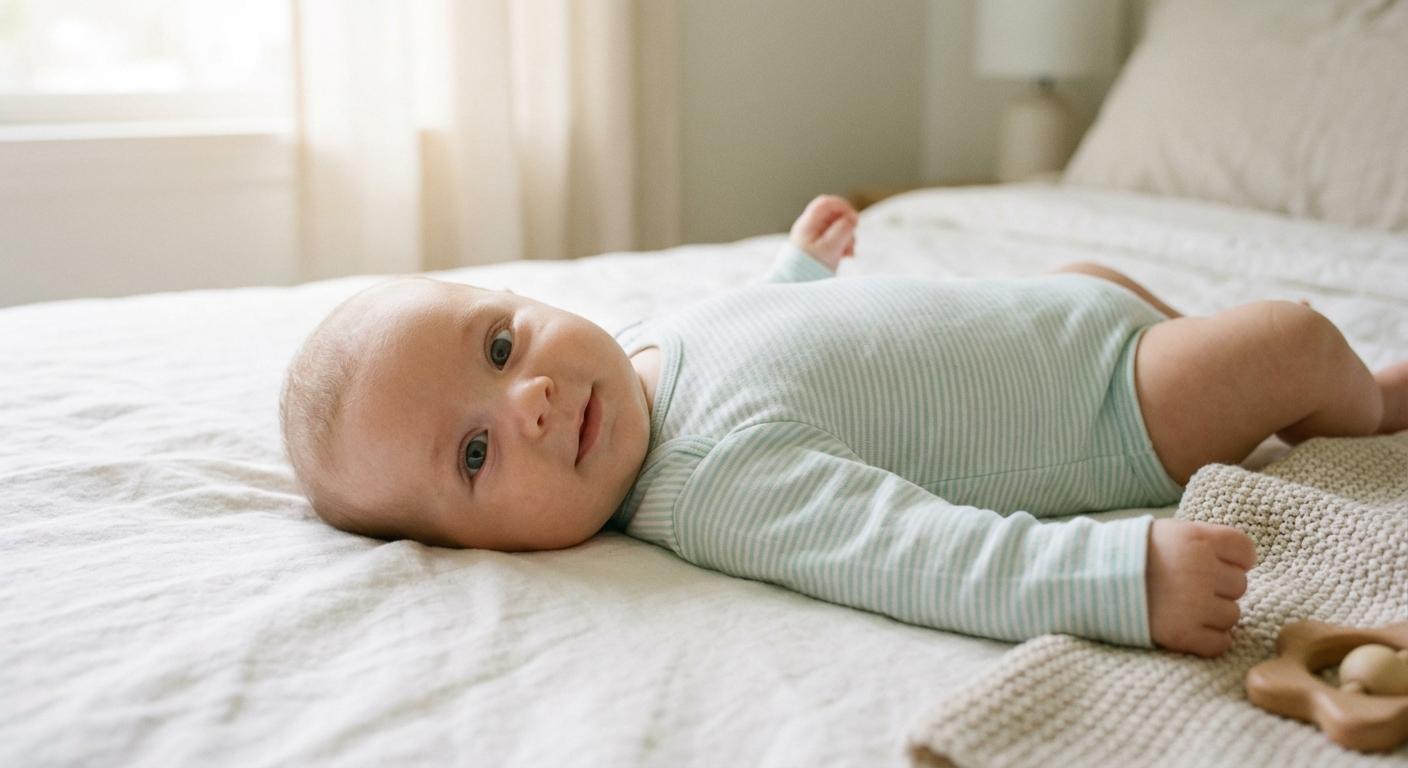 A relaxed breastfed baby lying on back showing no signs of breastfed baby constipation