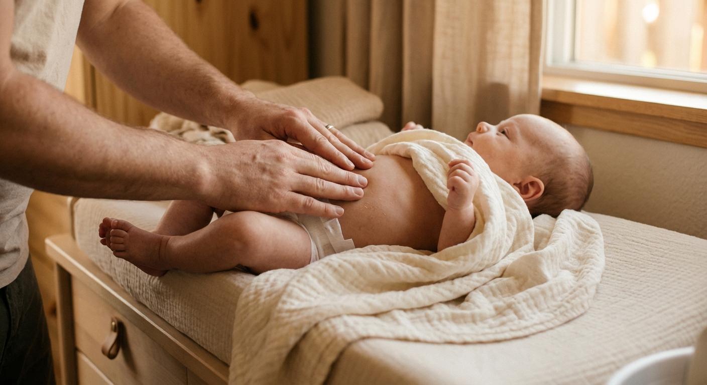 Belly massage by a parent to help transit and avoid breastfed baby constipation