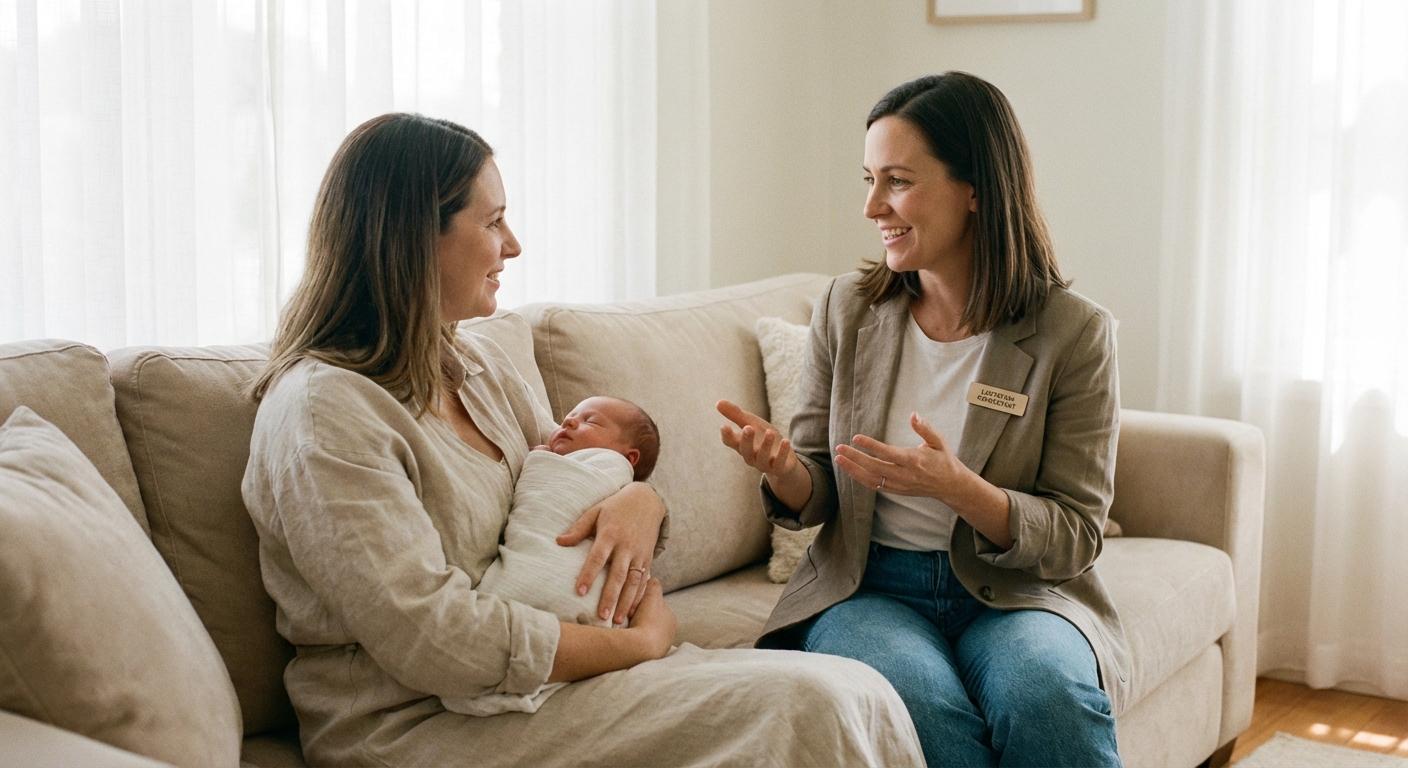 A lactation consultant smiling while observing a newborn in the arms of a mother in a living room