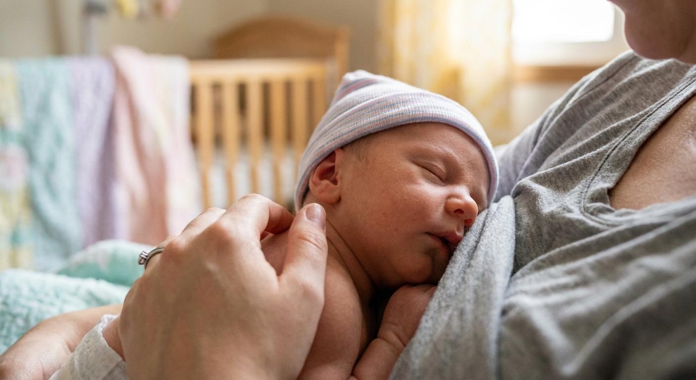 A newborn positioned for breastfeeding with the manual assistance of a lactation consultant