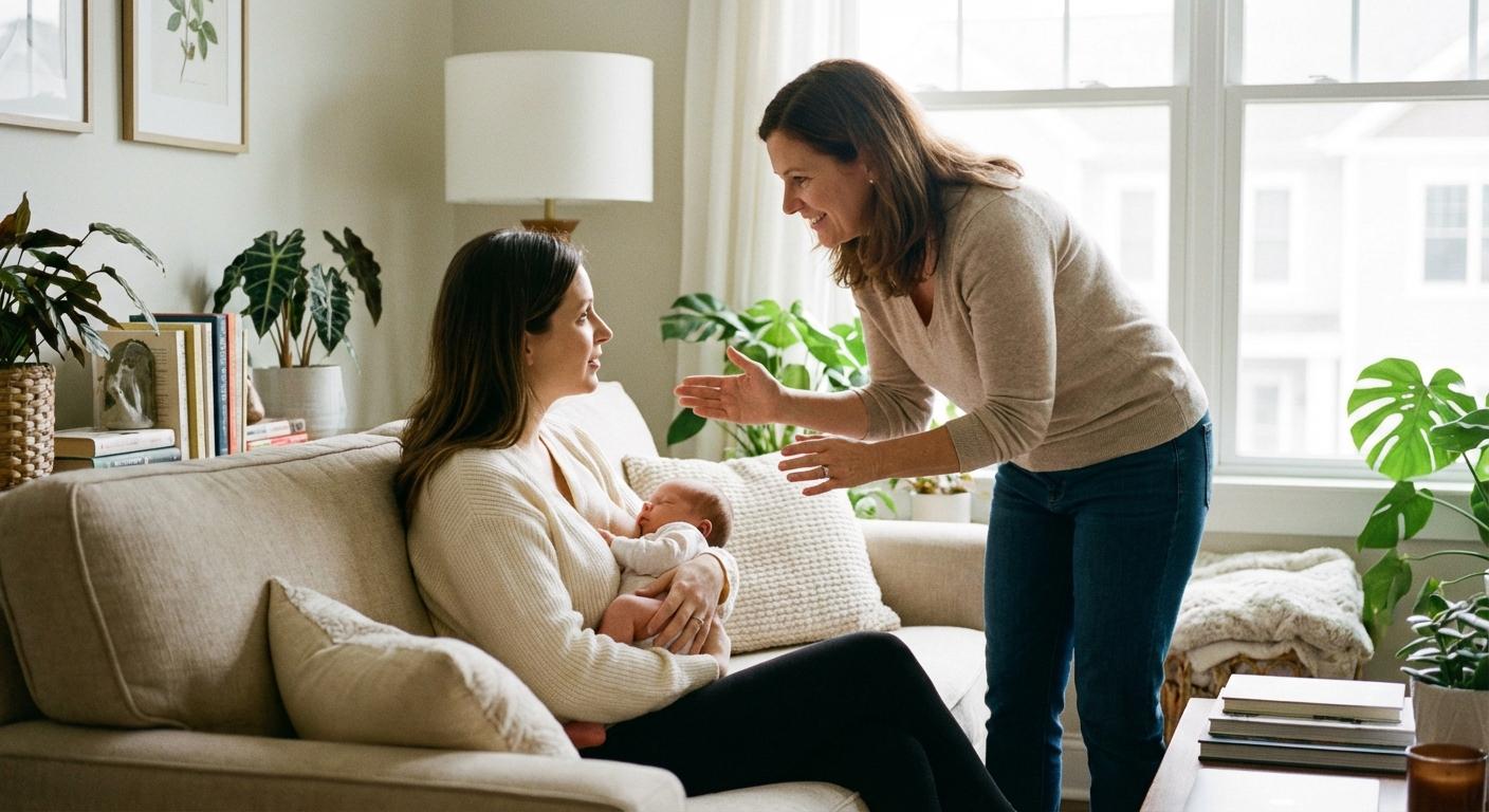 A smiling mom holds her baby during a breastfeeding consultation (ibclc) with a caring consultant