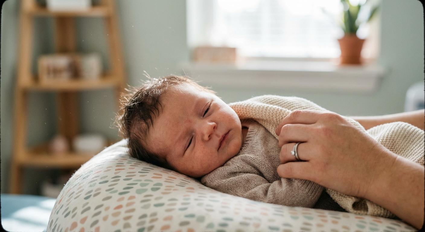 Close up on a peaceful newborn during a breastfeeding consultation (ibclc) to check the position