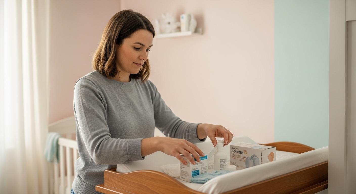 Une maman prépare des compresses stériles et un antiseptique sur une table à langer pour traiter un cordon ombilical qui saigne.