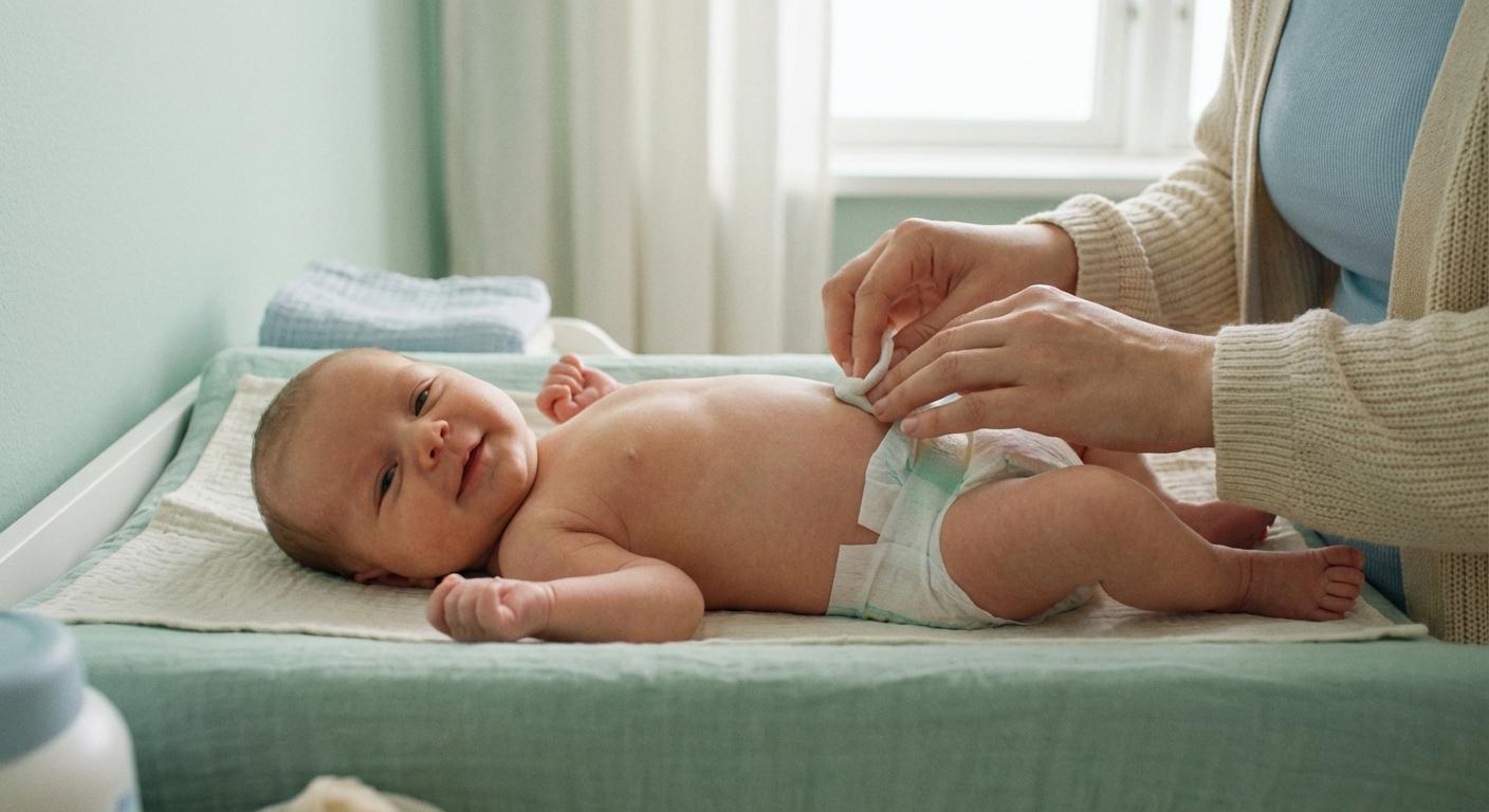 Un nouveau-né sur une table à langer recevant des soins pour un cordon ombilical qui sent mauvais