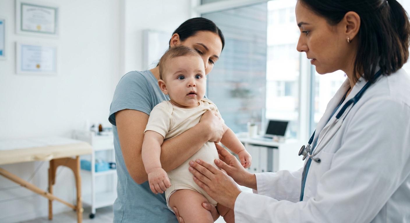 Un bébé examiné par un pédiatre pour vérifier l'état d'un cordon ombilical qui sent mauvais