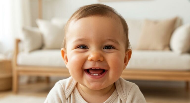 Joyful baby smiling and showing first baby teeth in a cozy living room