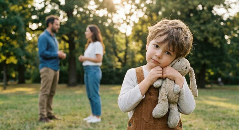 Un enfant avec son doudou au premier plan illustrant la gestion d'un désaccord entre parents séparés qui discutent au second plan