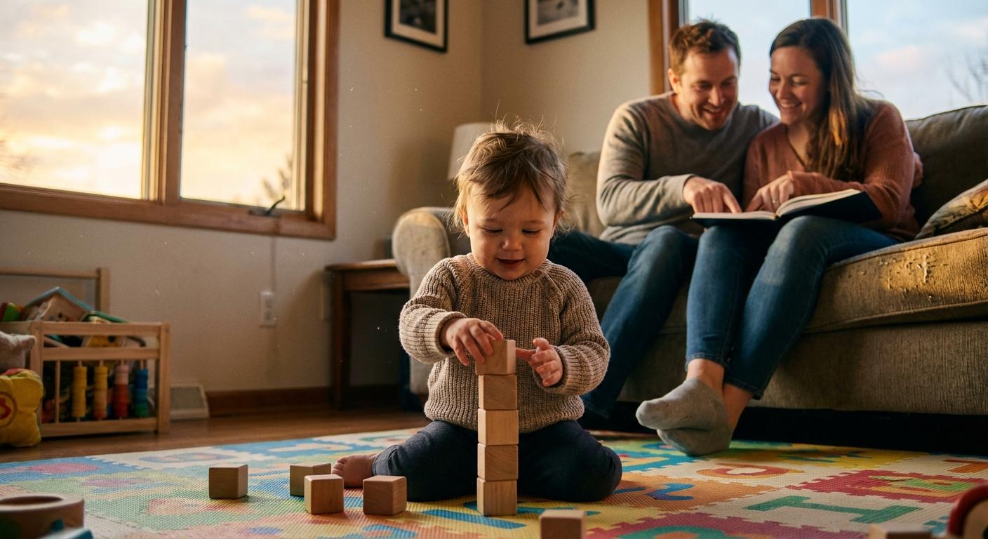 Un bébé jouant sur un tapis pendant que les adultes résolvent un désaccord entre parents séparés à l aide d un carnet