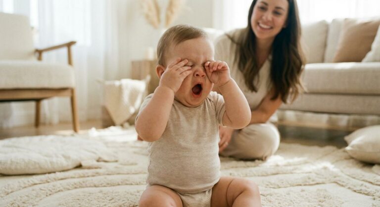 A baby yawning and rubbing eyes sign of baby sleep debt on a play mat