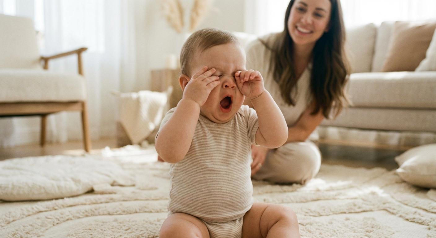 A baby yawning and rubbing eyes sign of baby sleep debt on a play mat