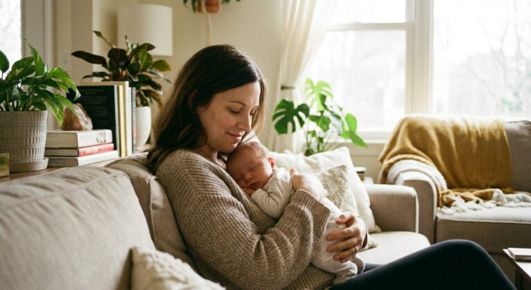 Un nouveau-né positionné correctement contre sa mère pour prévenir la douleur au sein et au mamelon durant l allaitement.