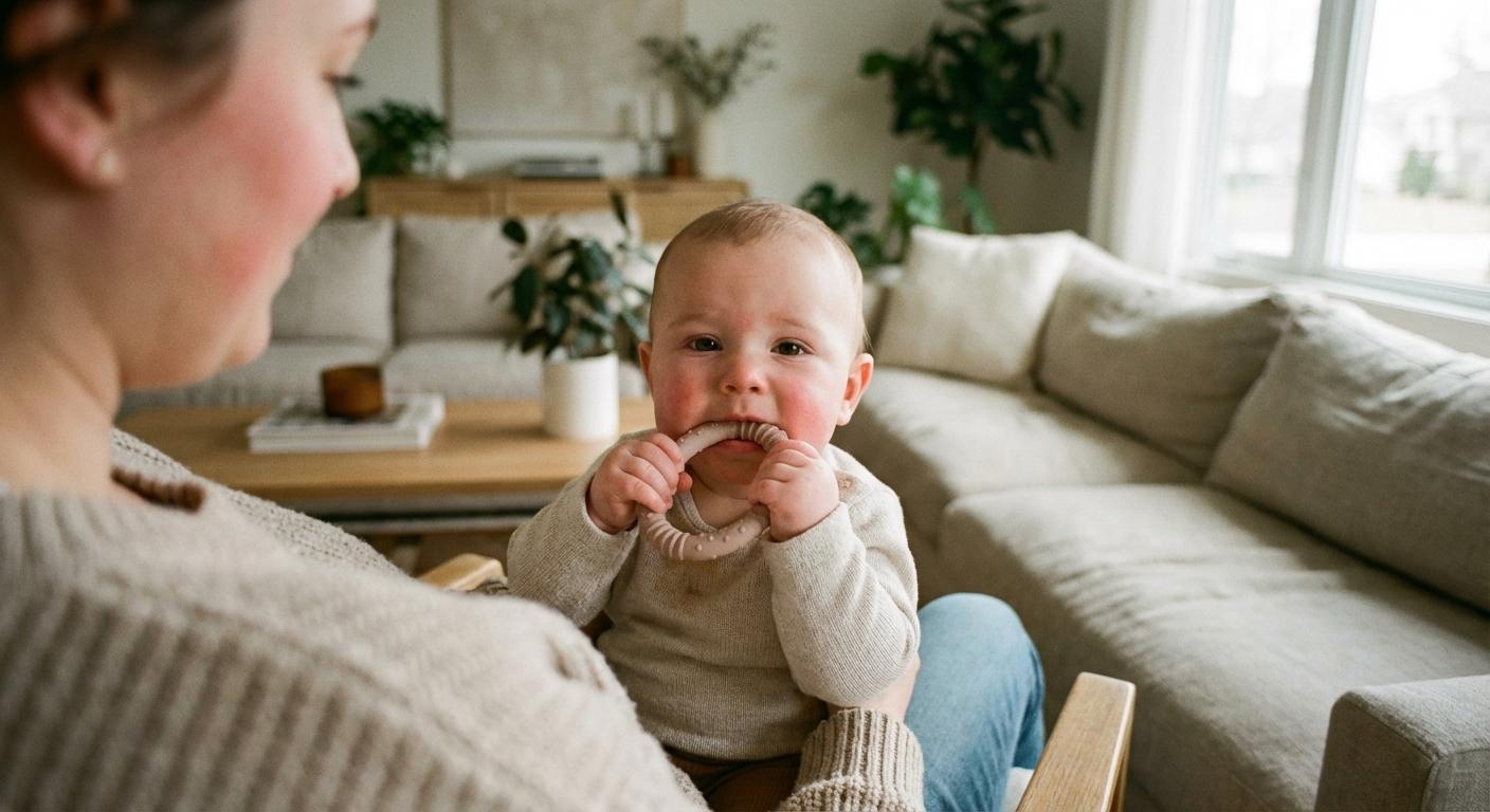 A baby with red cheeks sitting on a parent's lap looking slightly warm due to teething
